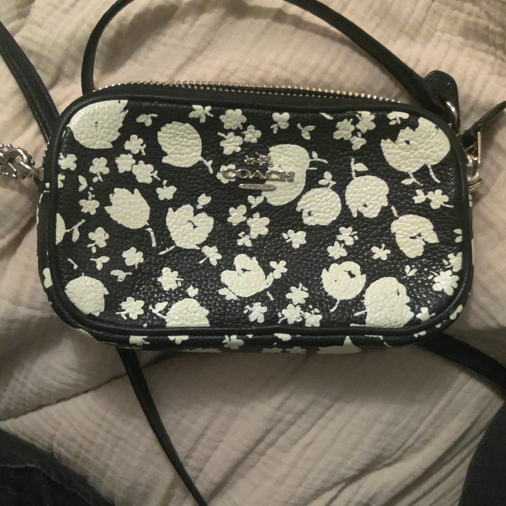 Coach Black Pebble Leather White Floral Crossbody